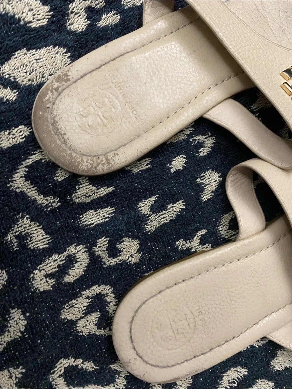 Tory Burch Beige Logo Thong Sandals with Gold Emblem